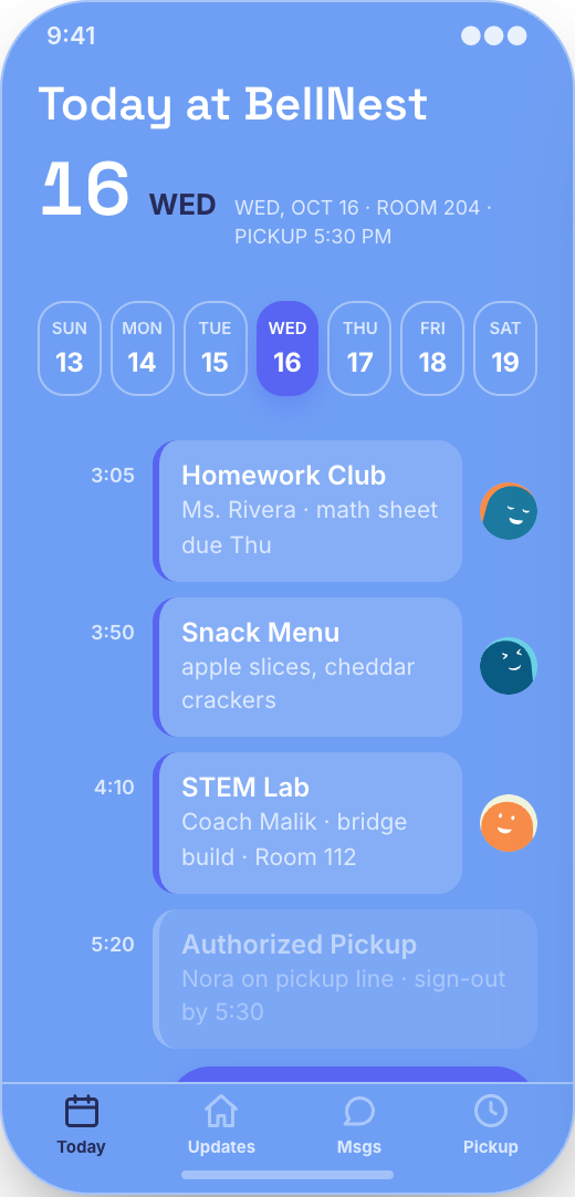 After-School Program prototype showing Today at BellNest