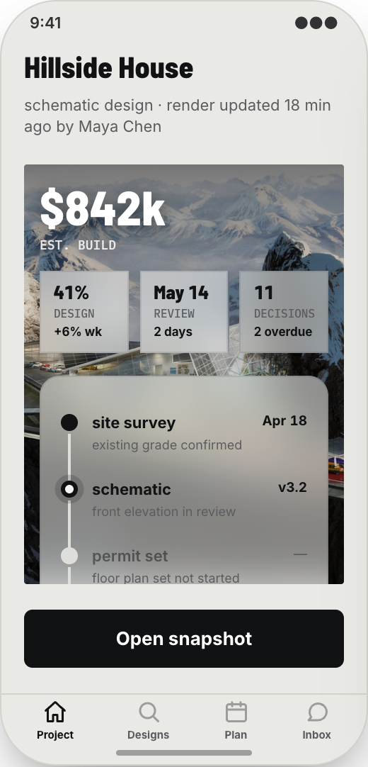 Architecture Firm prototype showing Project Snapshot