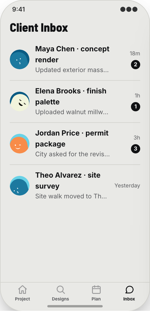 Architecture Firm prototype screen showing Client Inbox