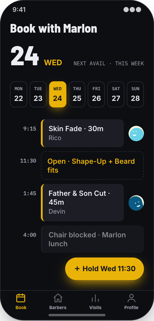 Barbershop prototype showing Rebook Calendar