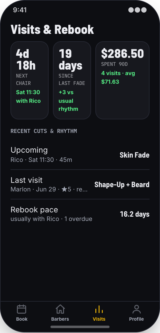 Barbershop prototype showing Usual barber rebooking