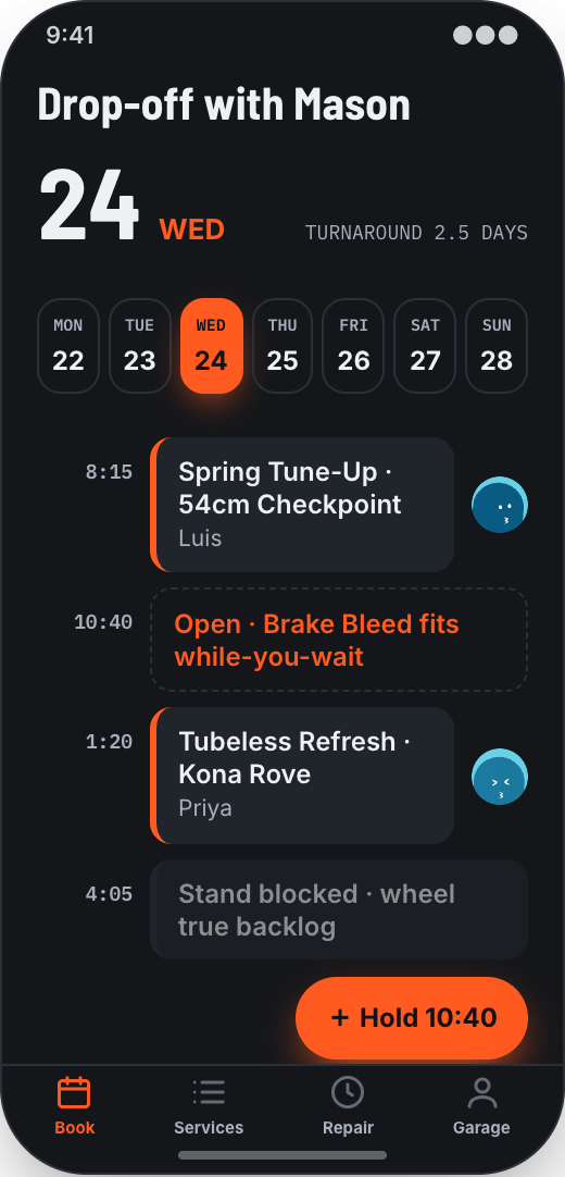 Bike Shop & Bicycle Repair prototype showing Service Calendar