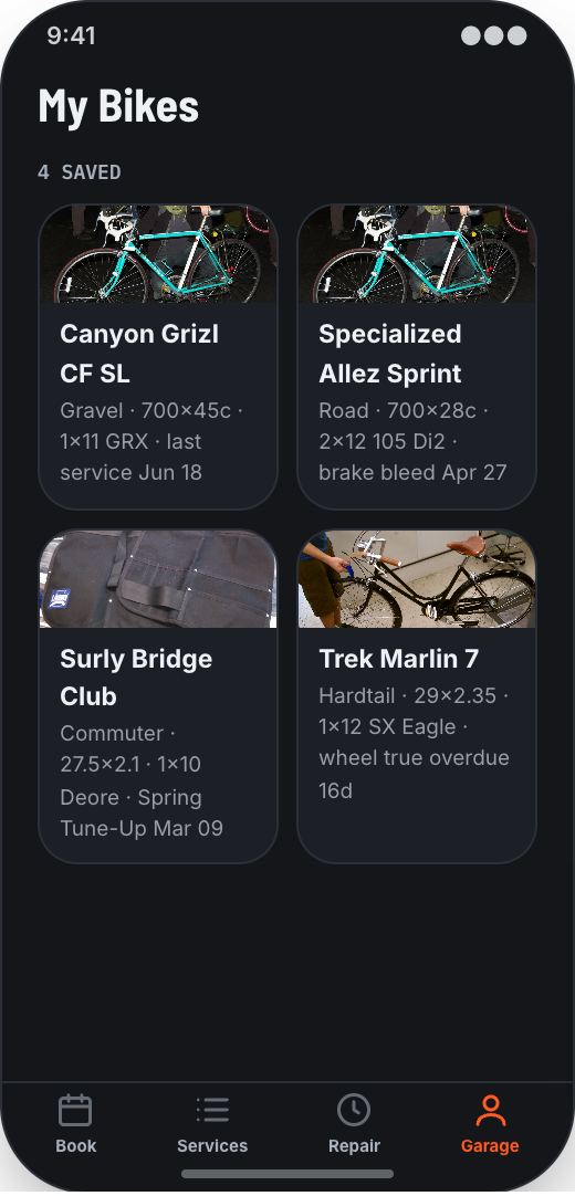 Bike Shop & Bicycle Repair prototype screen showing Repair Tracker