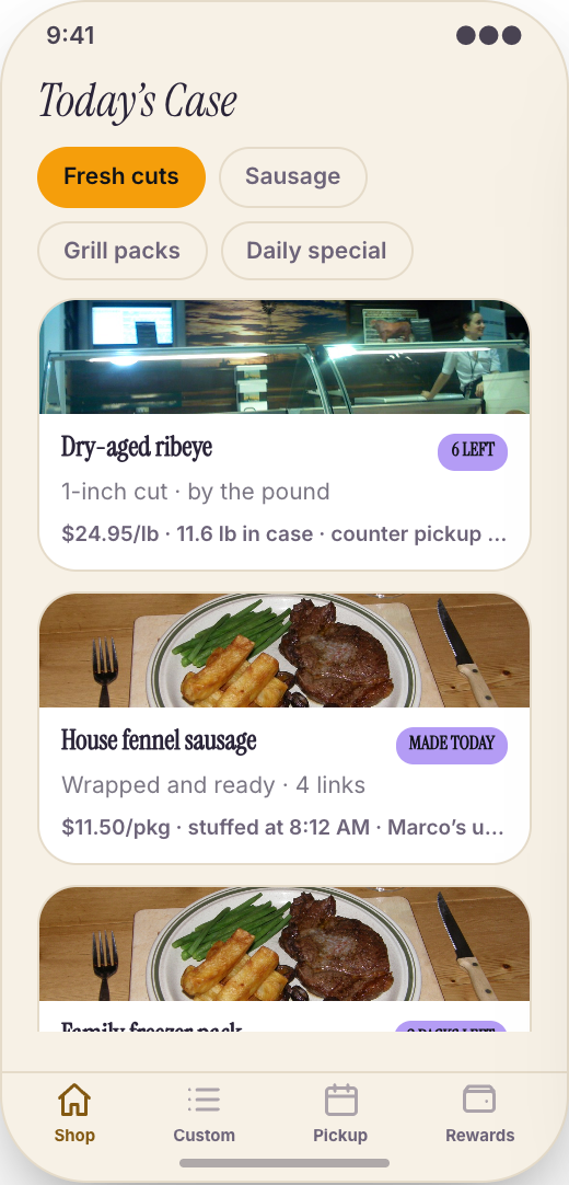 Butcher Shop prototype showing Today’s Case