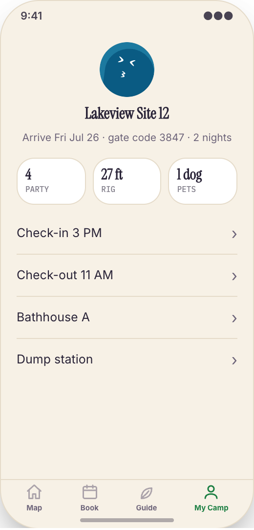 Campground & RV Park prototype screen showing Add-ons before arrival