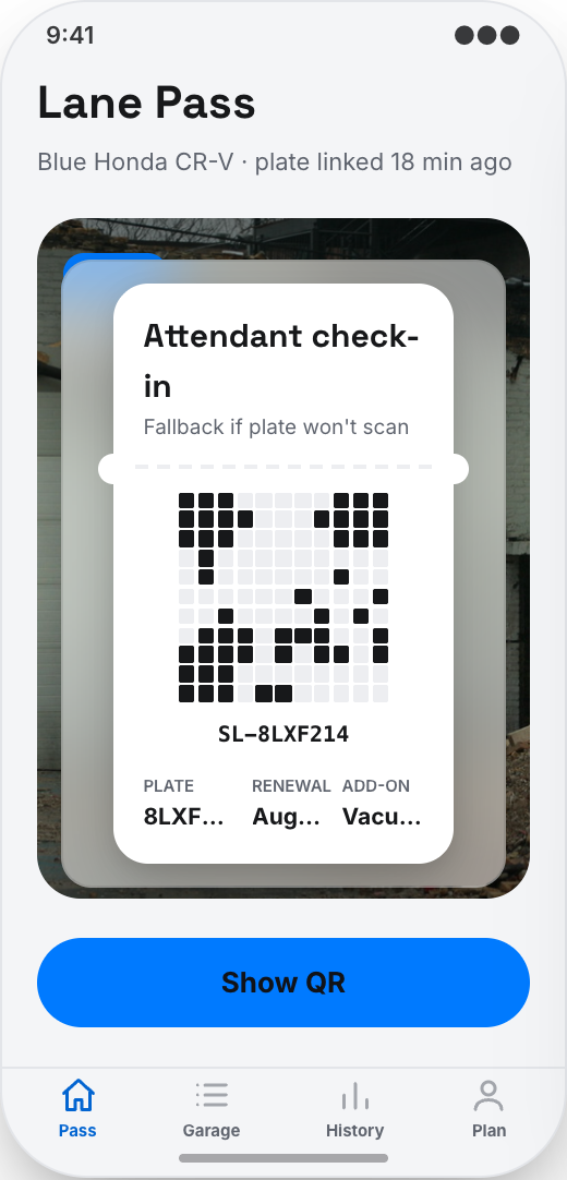 Car Wash Membership App prototype showing Lane Pass