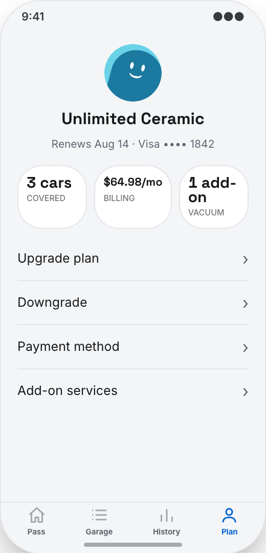 Car Wash Membership App prototype screen showing Wash History