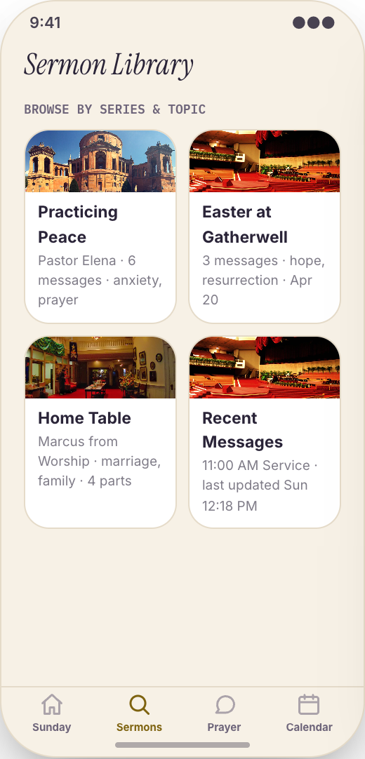 Church & Ministry prototype showing Sermon Library