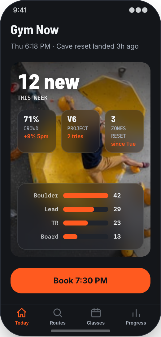 Climbing Gym prototype showing Gym Now