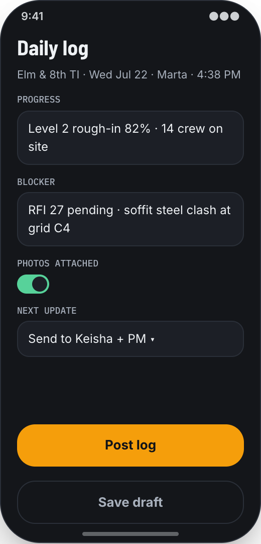 Construction Firm prototype showing Daily Log