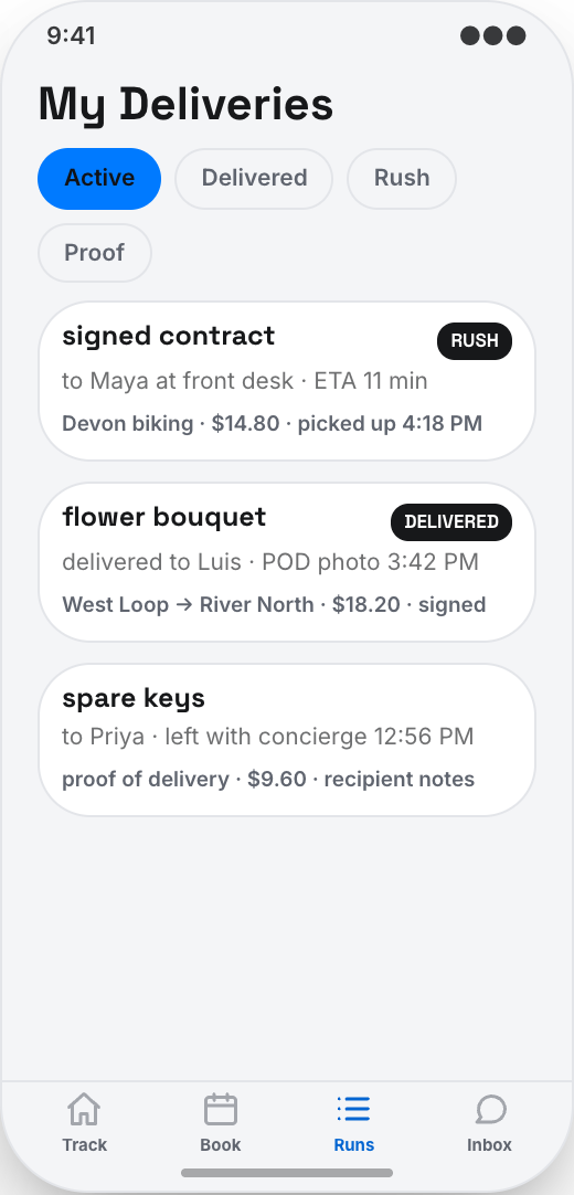 Courier Service prototype showing Live Route