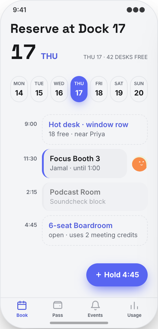 Coworking Space prototype showing Reserve hot desks, booths, and rooms