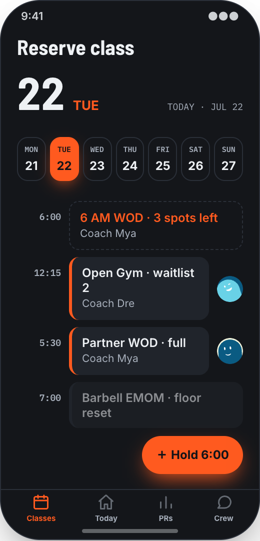 CrossFit Box prototype showing Class schedule with capped spots