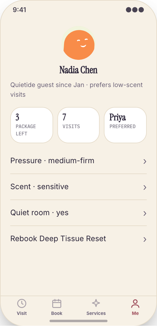Day Spa prototype screen showing My Visit