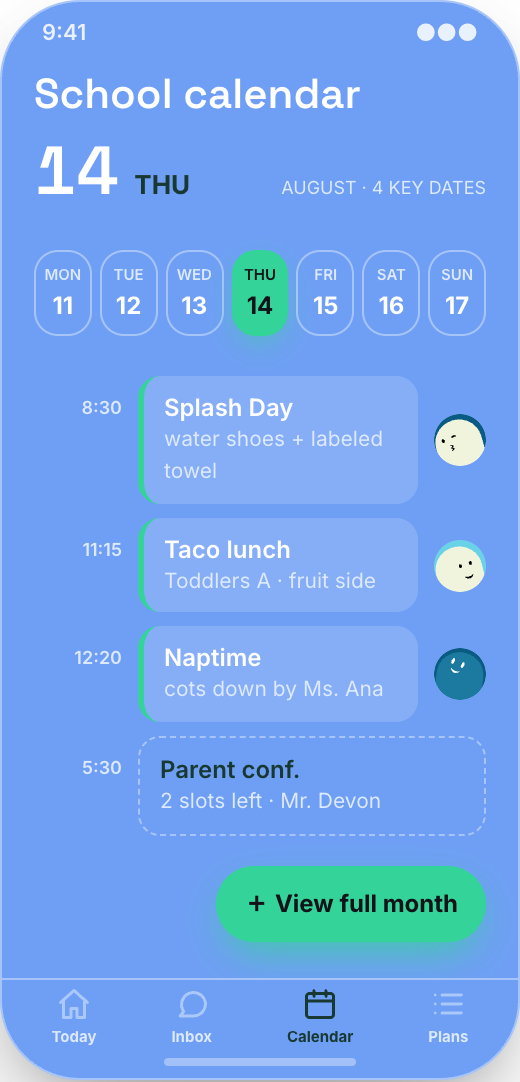 Daycare & Childcare Center prototype showing Bluebirds Chat