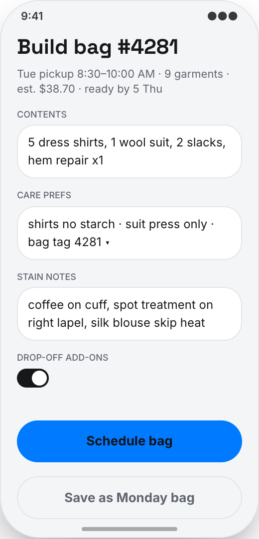 Dry Cleaner & Laundry Service prototype showing Bag builder