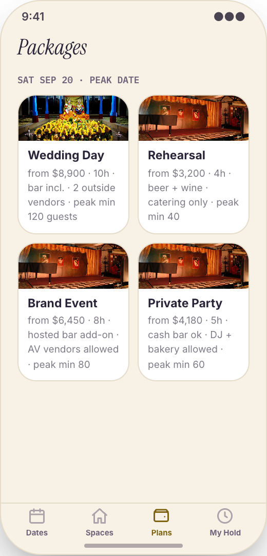 Event Venue prototype showing Open Dates screen