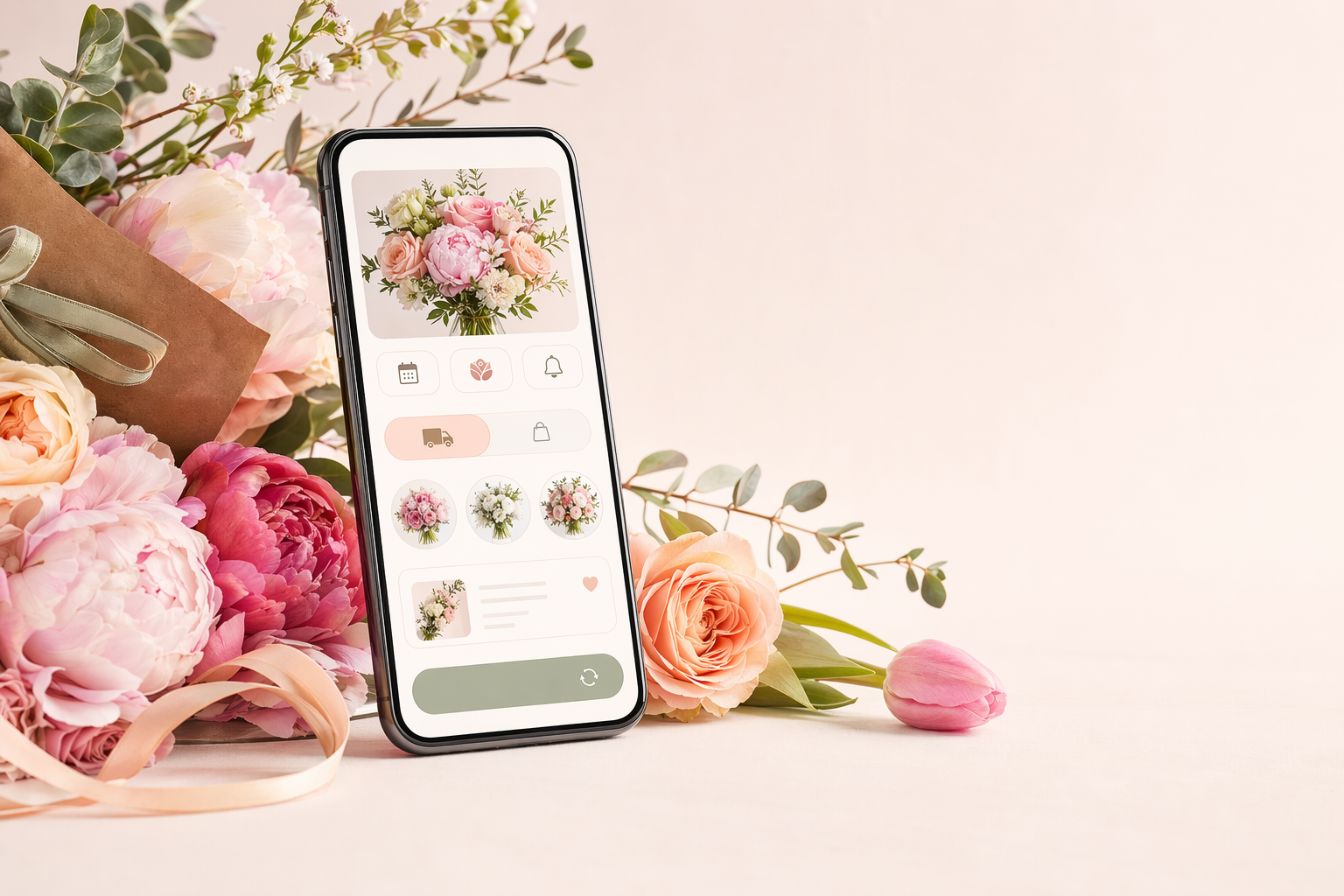 Flower ordering app shown on a phone surrounded by fresh flowers