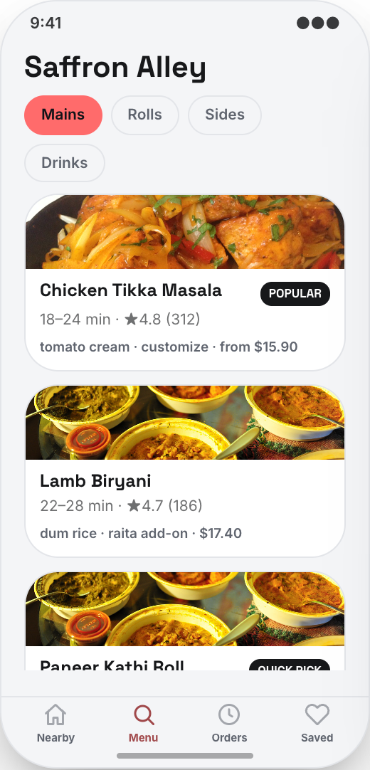 Food Delivery Service prototype showing Restaurant and ETA comparison