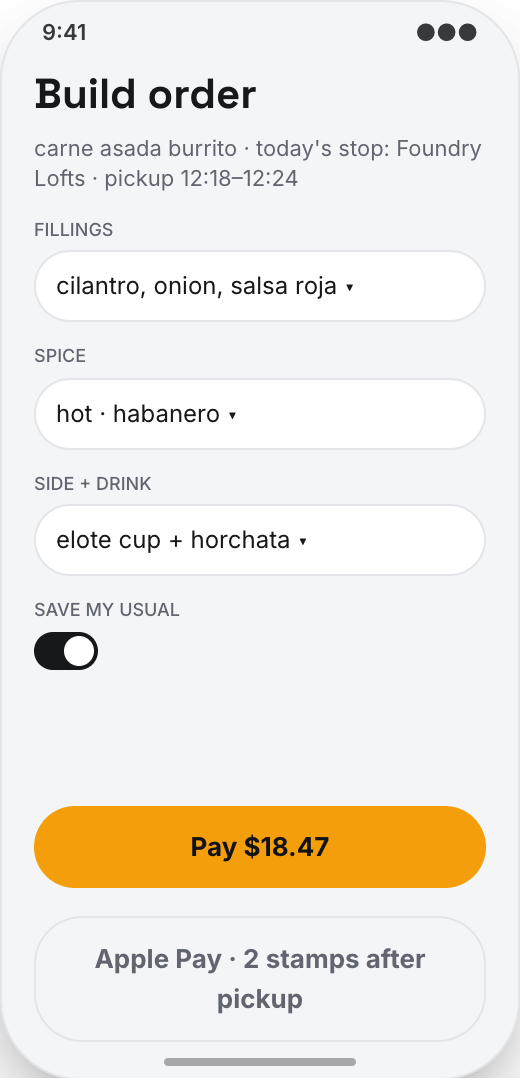 Food Truck prototype screen showing Build Order screen