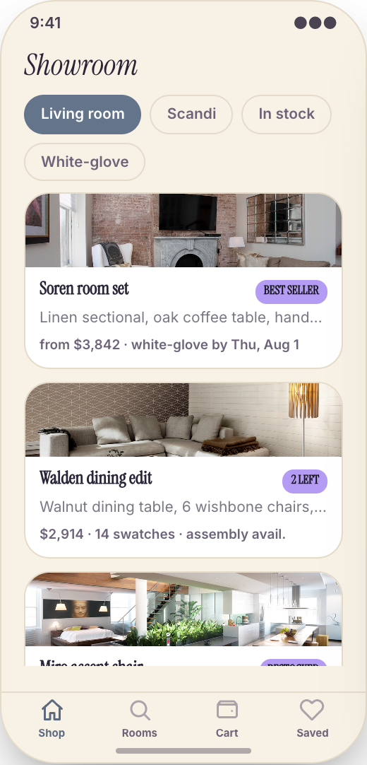 Furniture Store prototype showing Showroom home screen