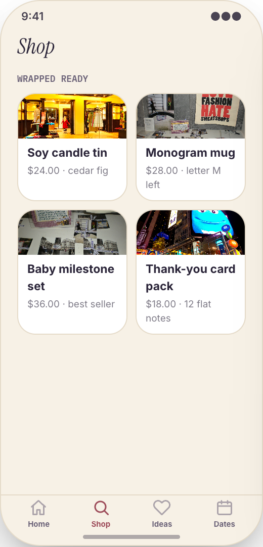 Gift Shop prototype showing Shop by recipient and budget