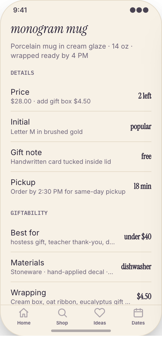 Gift Shop prototype screen showing Wrapping, card, and note