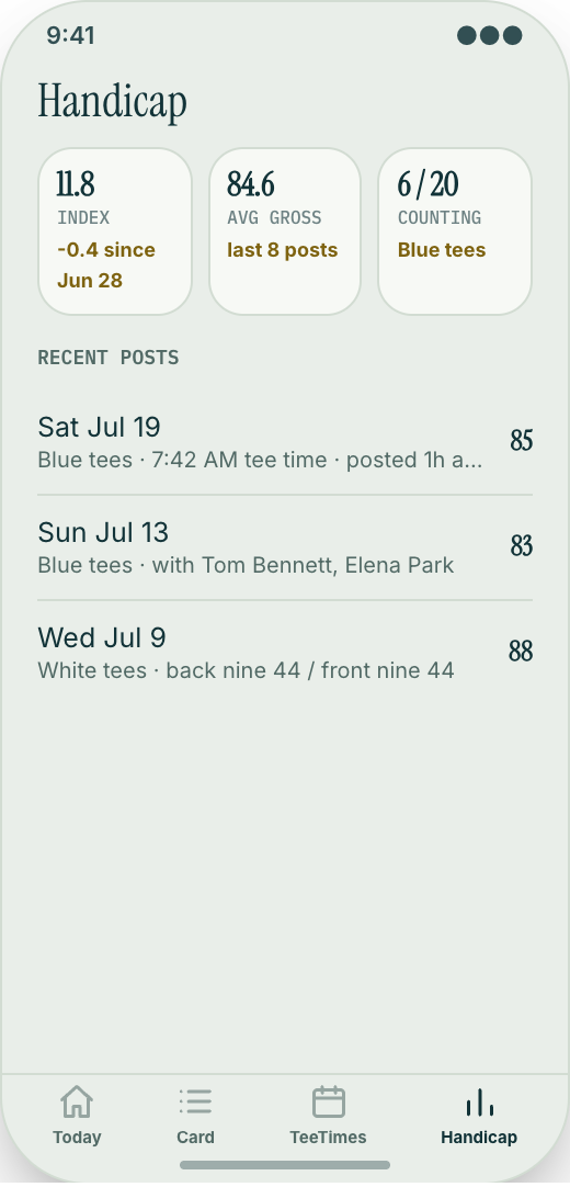 Golf Club & Country Club prototype screen showing Mobile scorecard
