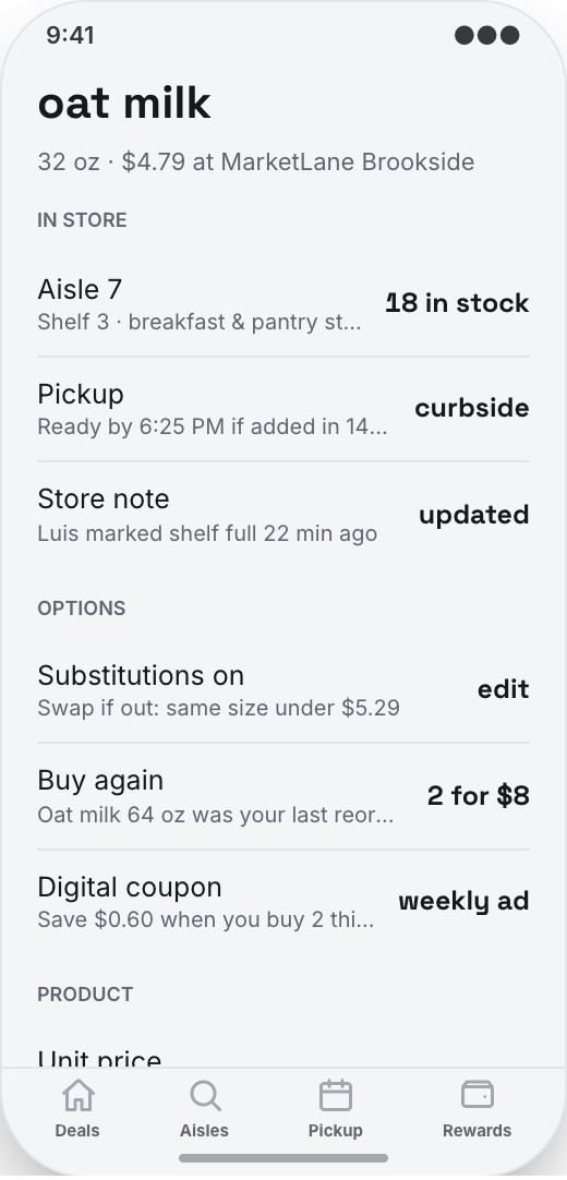 Grocery Store prototype screen showing Item Finder