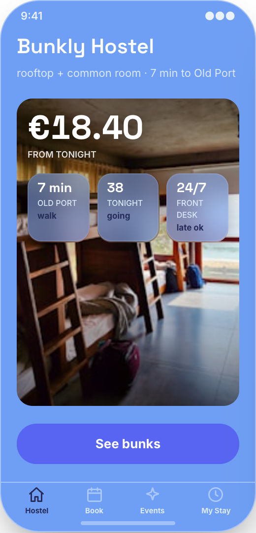 Hostel prototype showing Hostel home screen