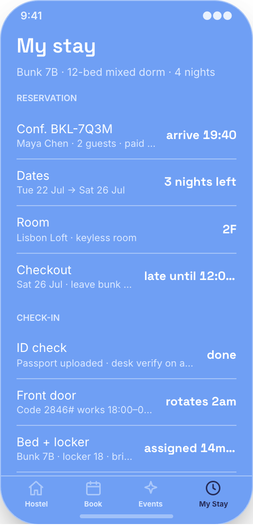 Hostel prototype screen showing Booking extras