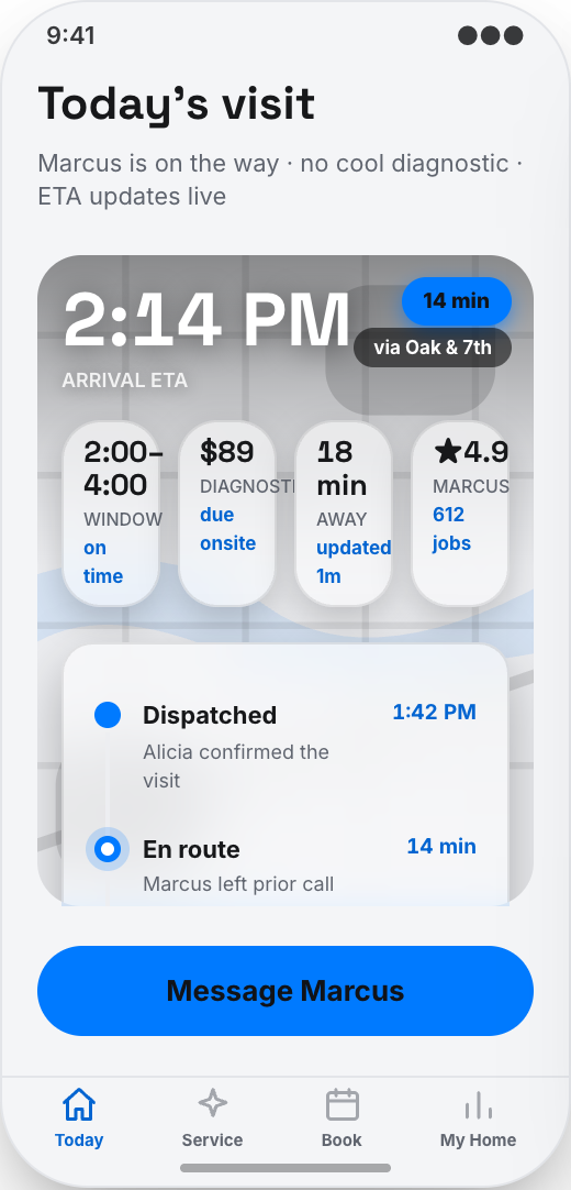 HVAC Company prototype showing Service Menu