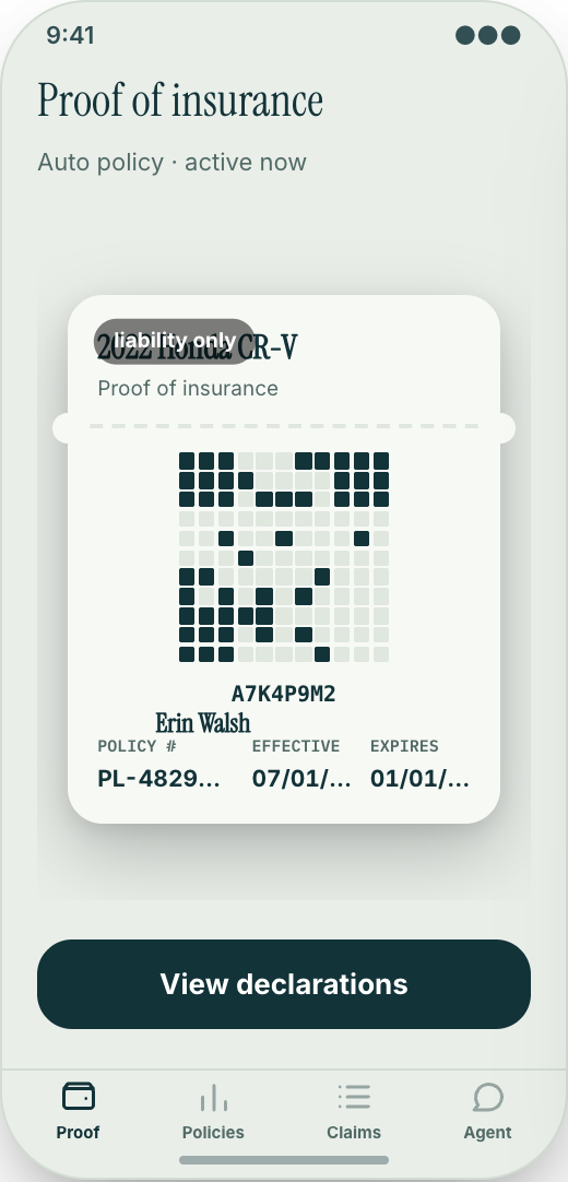 Insurance Agency prototype showing Proof of Insurance
