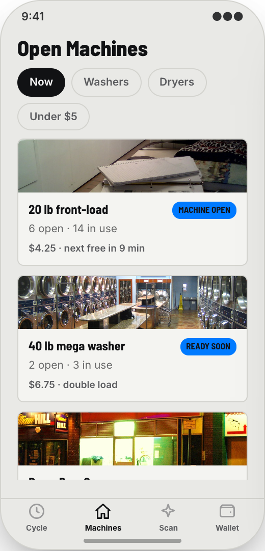 Laundromat prototype showing Live cycle timers