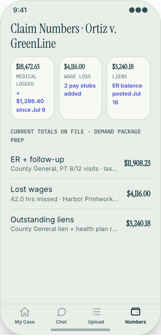 Personal Injury Law Office prototype screen showing Upload Docs