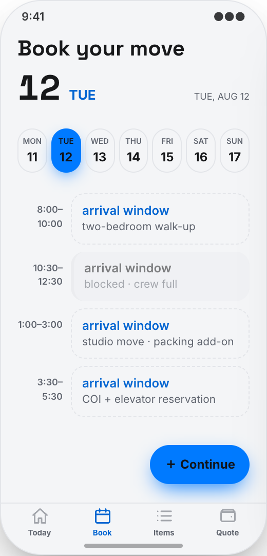 Moving Company prototype showing Move Details