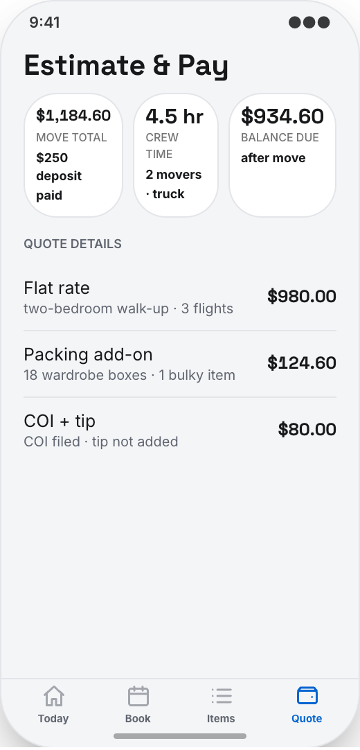 Moving Company prototype screen showing Move Day Tracker