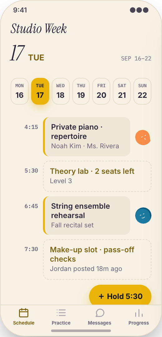 Music School & Lesson Studio prototype showing Studio Week
