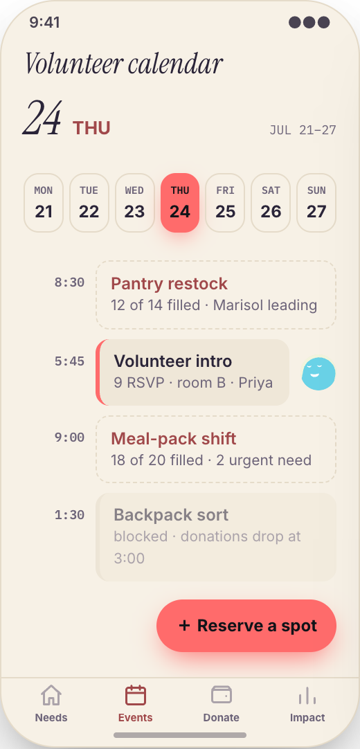 Nonprofit & Volunteer Organization prototype showing Volunteer Calendar
