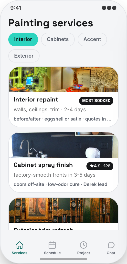 Painting Contractor prototype showing Painting Services