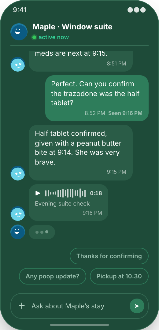 Pet Boarding & Kennel prototype screen showing Stay Updates