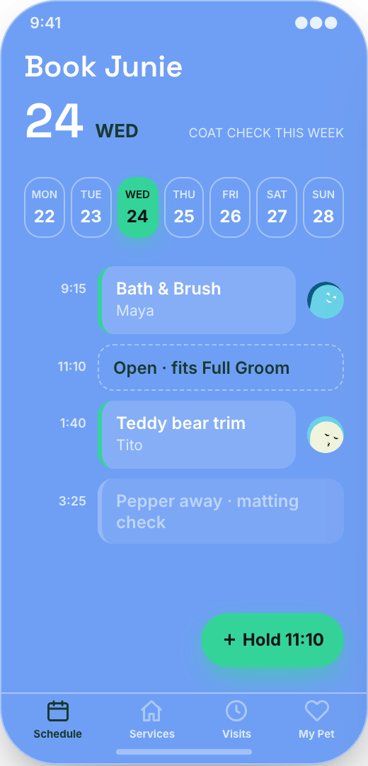 Pet Grooming Salon prototype showing Book a Groom