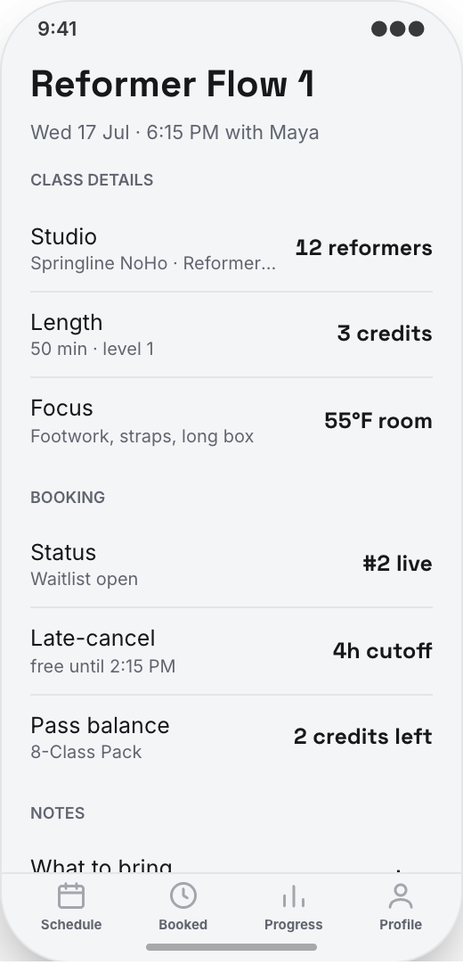 Pilates Studio prototype screen showing My Bookings screen