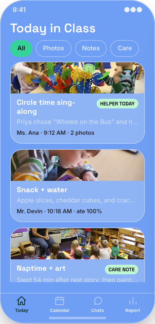 Preschool & Daycare prototype showing Today in Class