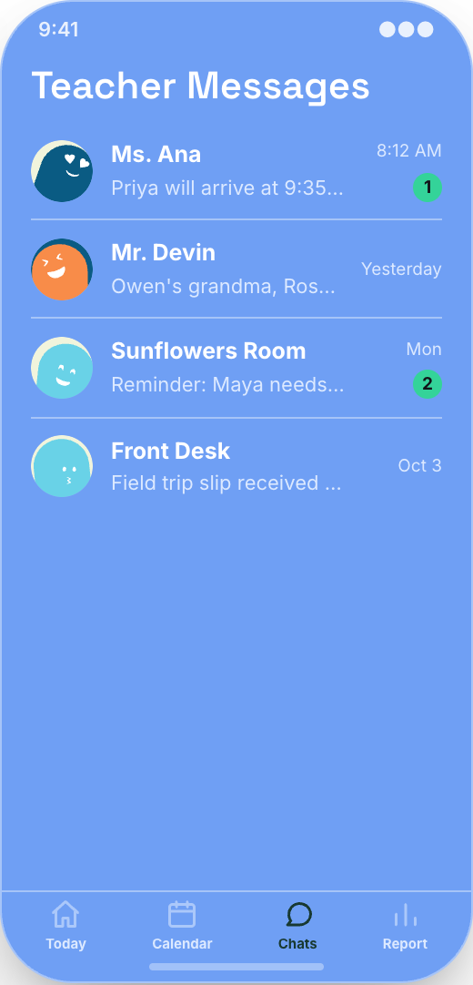 Preschool & Daycare prototype showing School Calendar