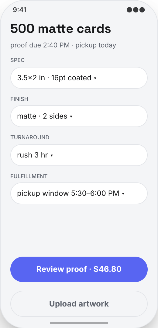 Print Shop prototype screen showing Fast reorders