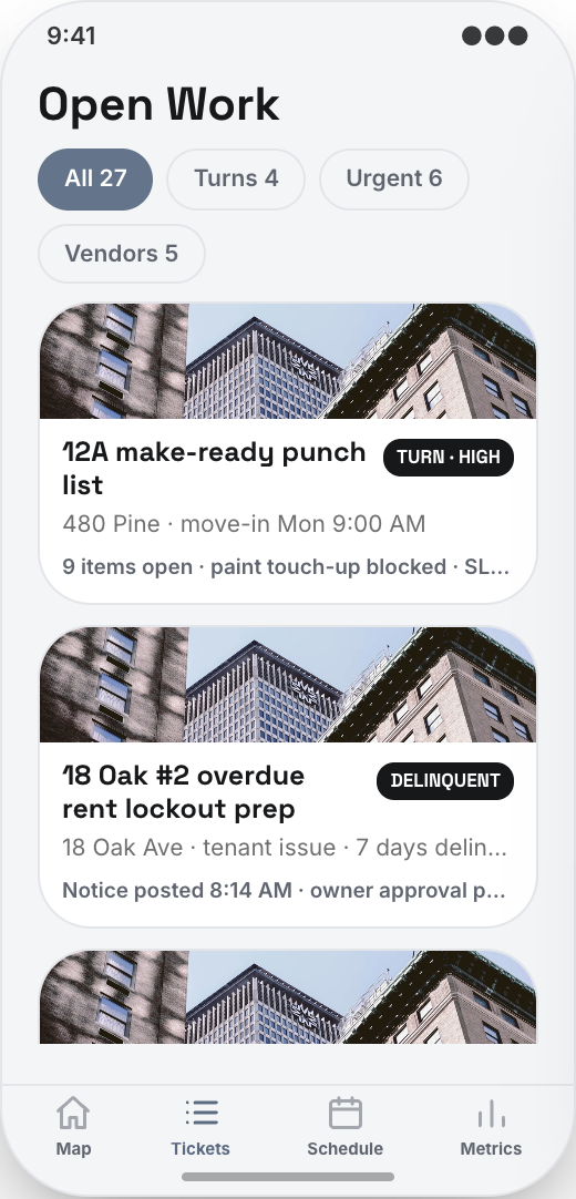 Property Management prototype showing Open Work