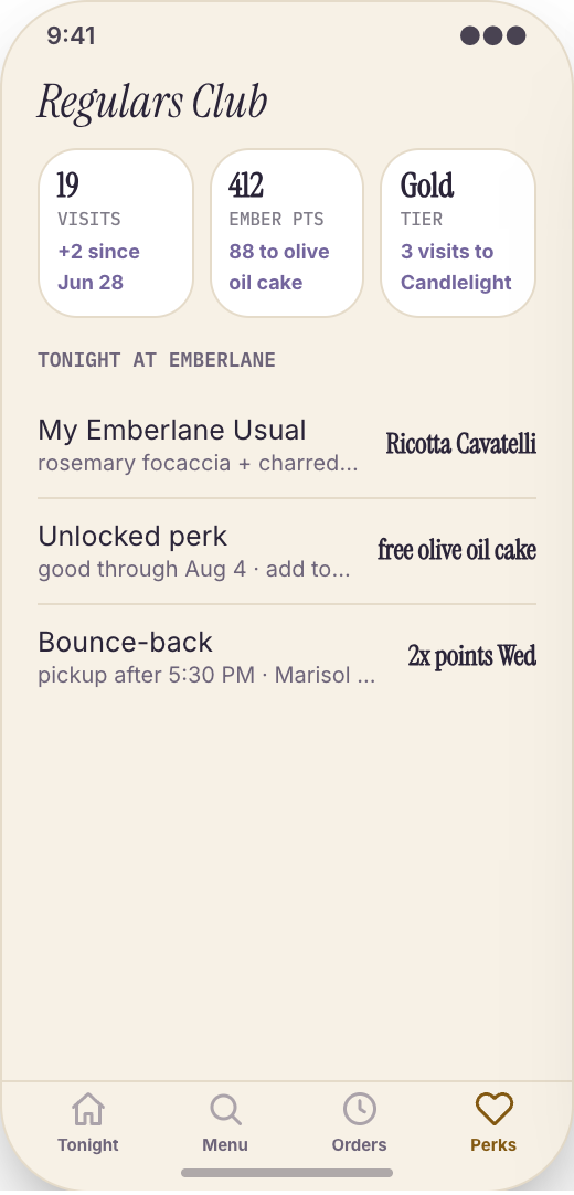 Restaurant Pickup & Regulars App prototype screen showing Precise pickup windows