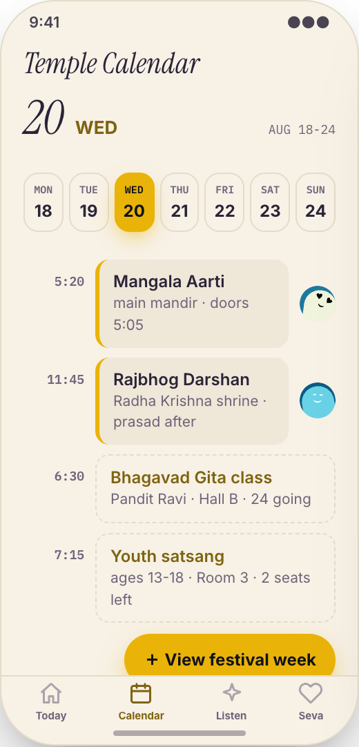 Temple & Mandir Community prototype showing Aarti and darshan schedule