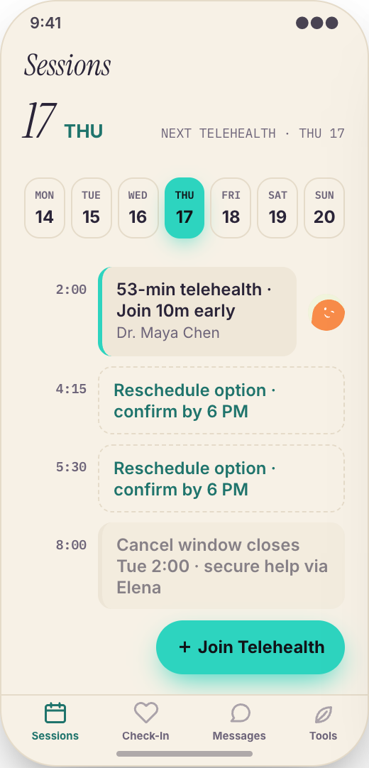 Therapist Practice prototype showing Sessions screen